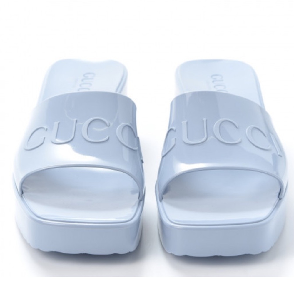 GUCCI RUBBER MULES IN LIGHT BLUE WITH BLOCK HEEL AND LOGO ON VAMP SIZE EU 38